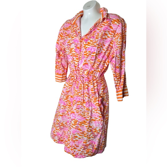 Gretchen Scott Flamingo Print Tie Waist Shirt Dress - Picture 2 of 10